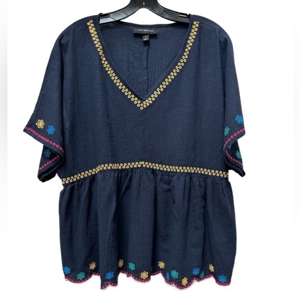 Lane Bryant Navy Boho Embellished Ruffle Top Size 14